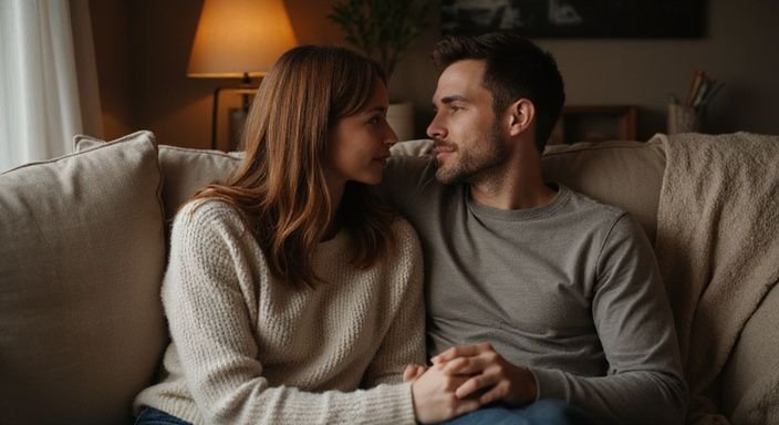 Een vrouw en man delen een intieme moment op de bank. Een vrouw en man delen een intieme moment op de bank