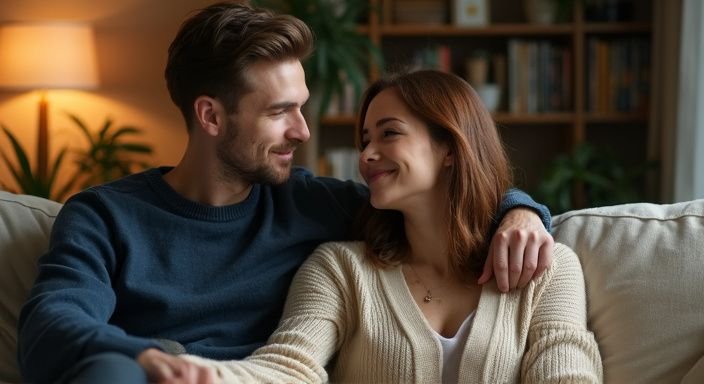 Een verliefd stel op een comfortabele bank in een gezellige woonkamer. Een verliefd stel op een comfortabele bank in een gezellige woonkamer