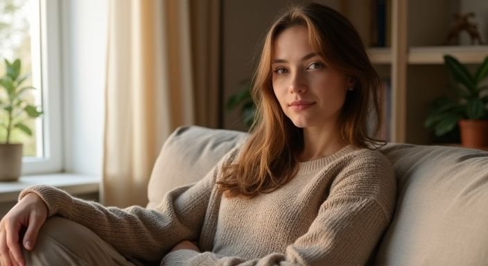 Een jonge vrouw ontspannen op een beige bank in een gezellige woonkamer. Een jonge vrouw ontspannen op een beige bank in een gezellige woonkamer