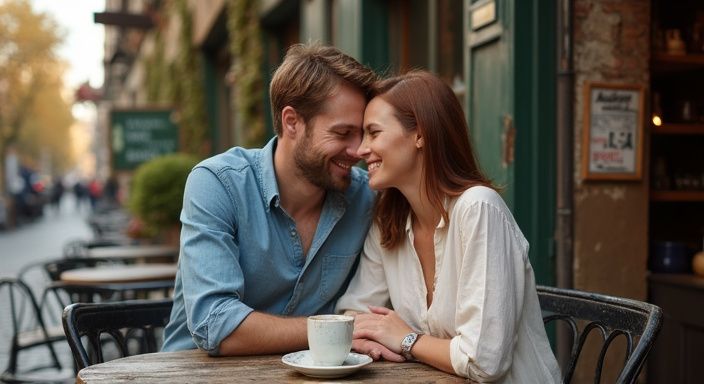 Een jong stel geniet van elkaars gezelschap in een café. Een jong stel geniet van Sexcontact Brussel in een café.