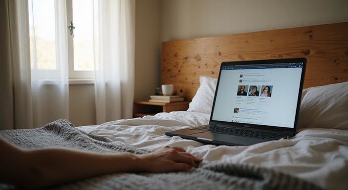 Een gezellige slaapkamer met een laptop en boeken op nachtkastje. Een gezellige slaapkamer met een laptop met profielen van Sexcontact Brussel.