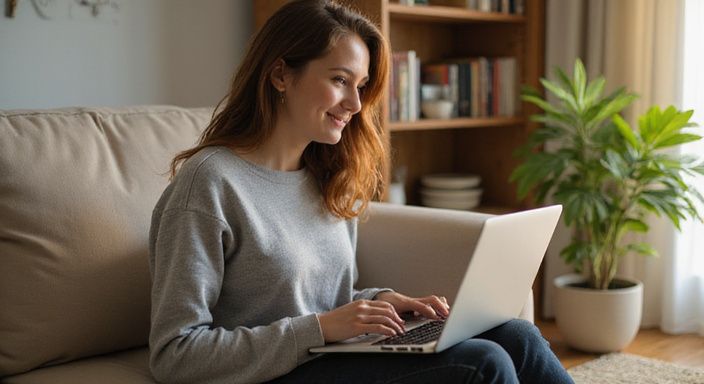 Een vrouw op een bank typt geconcentreerd op haar laptop. Een vrouw op een bank zoekt geconcentreerd op haar laptop naar Sexcontact Brussel.
