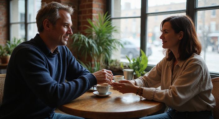 Twee middelbare personen delen een intiem gesprek in een café. Twee middelbare personen delen een intiem gesprek over Sexcontact Brussel in een café.