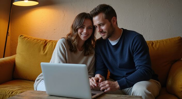 Een vrouw en een man delen een intiem moment op een bank. Een vrouw en een man delen een intiem moment op een bank.