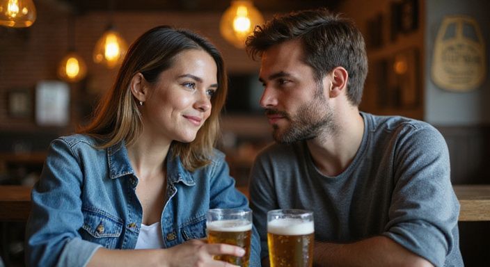 Een man en vrouw genieten van een intiem gesprek in een bruine kroeg. Een man en vrouw genieten van een intiem gesprek in een bruine kroeg.