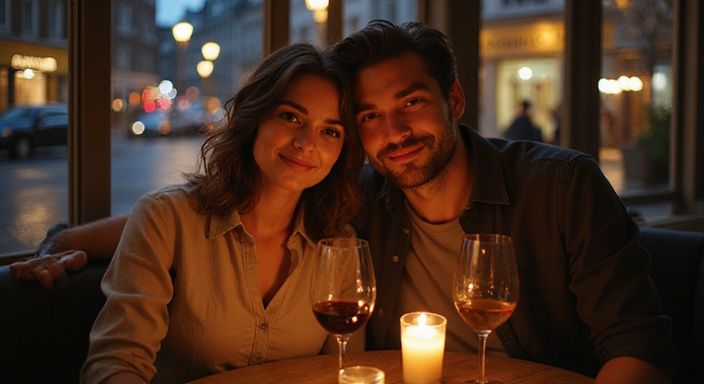 Een vrouw en man delen een intiem moment in een bistro. Een vrouw en man delen een intiem moment in een bistro.
