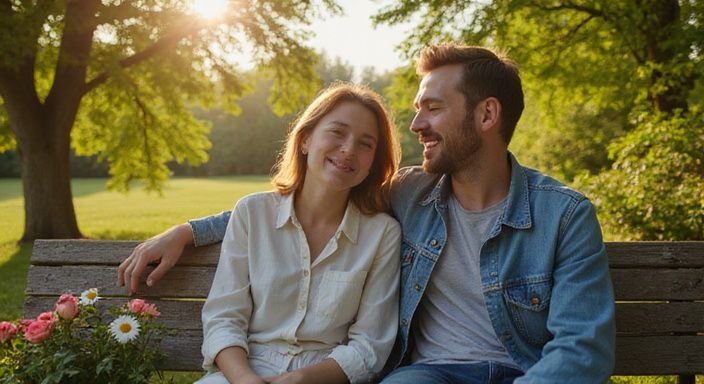 Een vrouw en man lachen samen op een parkbank omringd door bloemen. Een vrouw en man lachen samen op een parkbank omringd door bloemen.