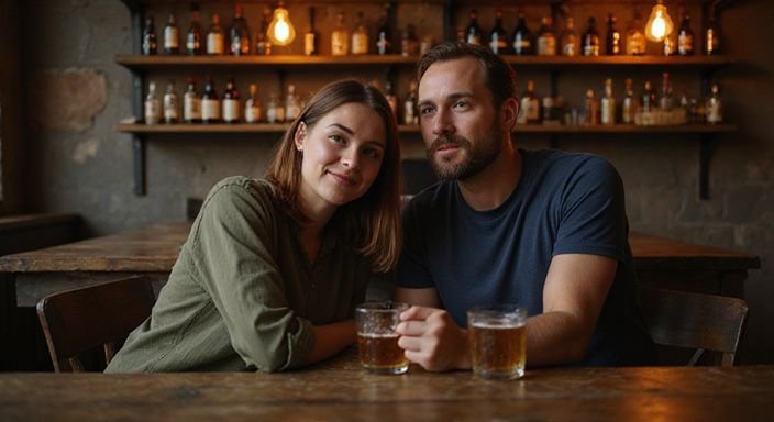 Een vrouw en man delen een intieme moment aan de bar. Een vrouw en man delen een intieme moment aan de bar.