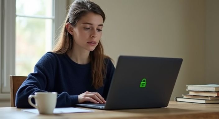 Een vrouw in een blauwe trui werkt geconcentreerd achter haar laptop. Een vrouw in een blauwe trui zoekt achter haar laptop naar Sexdating Vlaams-Limburg.