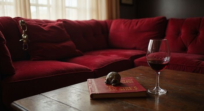 Een rode fluwelen bank met boek en wijnglas op tafel.