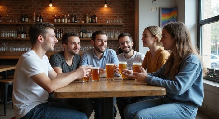 Een diverse groep jongeren geniet van gesprekken over Sexdating West-Vlaanderen en drankjes in een bar.