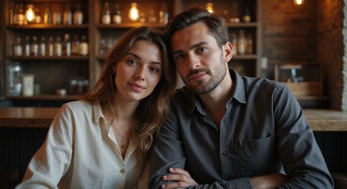 Een man en vrouw genieten van een intiem moment aan de bar.