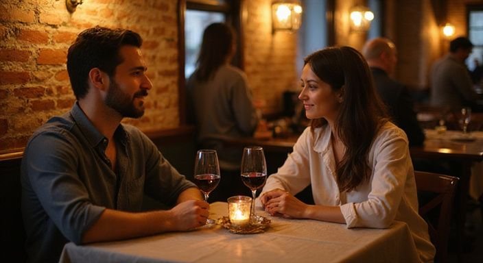 Een stel geniet van Sexdating West-Vlaanderen in een rustiek restaurant.