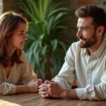 Een koppel deelt een intiem moment in een gezellige café