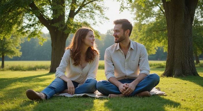 Een jong koppel geniet van een ontspannen picknick in het gras.