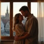 Een man en vrouw omhelzen elkaar liefdevol in een hotelkamer