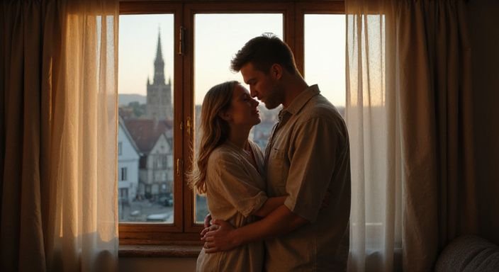 Een man en vrouw omhelzen elkaar liefdevol in een hotelkamer tijdens sexcontact Brugge.