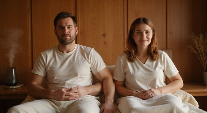 Een ontspannen man en vrouw zitten samen in een massageruimte.