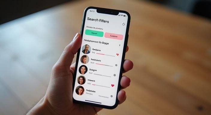 Een smartphone toont een dating-app met zoekfilters voor sexcontact Brugge.