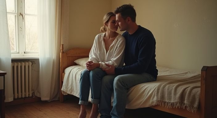 Een paar zit intiem in een eenvoudige, verouderde slaapkamer.