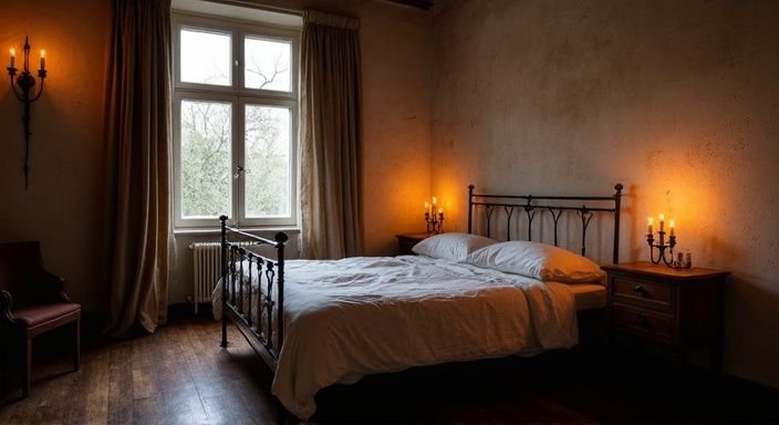 Een bescheiden slaapkamer in Brugge met kaarslicht en zachte texturen.