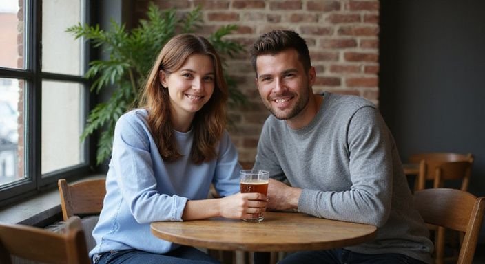 Een man en vrouw genieten van sexcontact Brugge in een café.