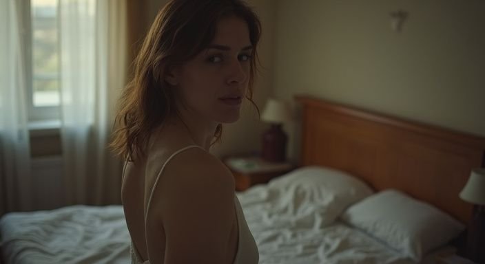 Een vrouw in een eenvoudige slaapkamer, ontspannen in beweging