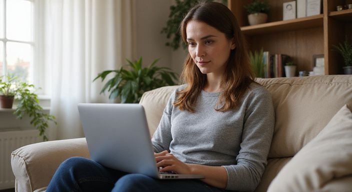 Een vrouw zit ontspannen op een bank met een laptop op schoot en zoekt sexcontact in Hasselt.