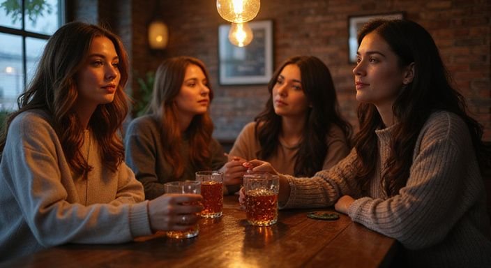 Vijf vrouwen genieten van elkaars gezelschap in een gezellige pub en zoeken sexcontact in Hasselt.