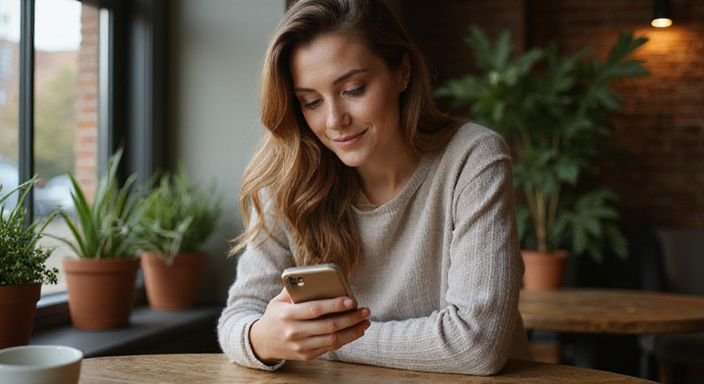 Een vrouw in een koffiehuis die glimlacht naar haar smartphone.