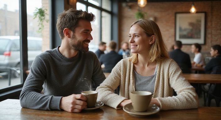 Een ontspannen gesprek over sexcontact Hasselt tussen een man en vrouw in een koffiehuis.