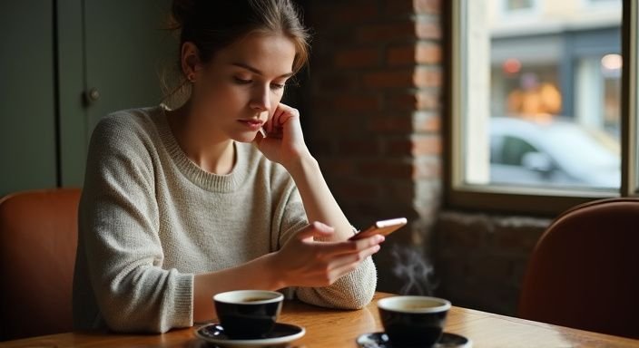 Een vrouw scrollt op haar smartphone in een gezellig café.