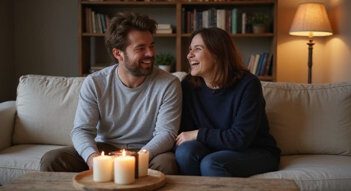 Twee mensen lachen samen op een comfortabele bank in een gezellige woonkamer.