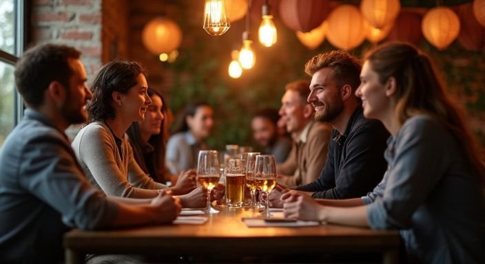 Groep volwassenen in gesprek op een themapartij in Leuven.