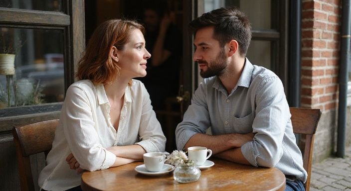 Twee mensen genieten van een ontspannen gesprek in een café.