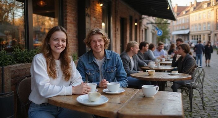 Een ontspannen café-scène met jonge volwassenen in Leuven.