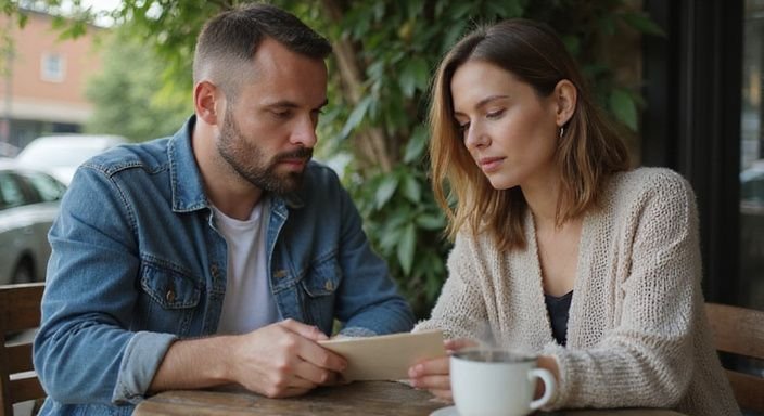 Twee mensen delen een intiem moment bij een café.