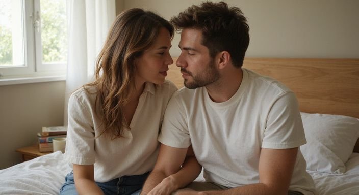 Een man en vrouw delen een intieme, rustige moment op een bed tijdens hun sexcontact in Leuven.