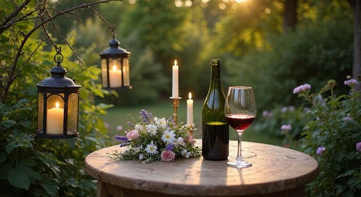 Een houten tafel in een tuin met wijn en bloemen.
