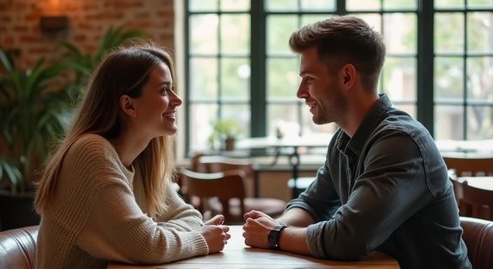 Twee mensen delen sexcontact Waals-Brabant in een gezellige café.