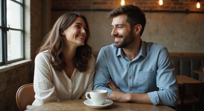 Een gelukkige man en vrouw delen sexcontact Waals-Brabant in een café.