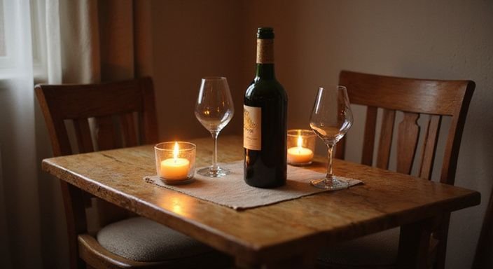 Een sfeervolle tafel voor twee met wijn en kaarslicht.