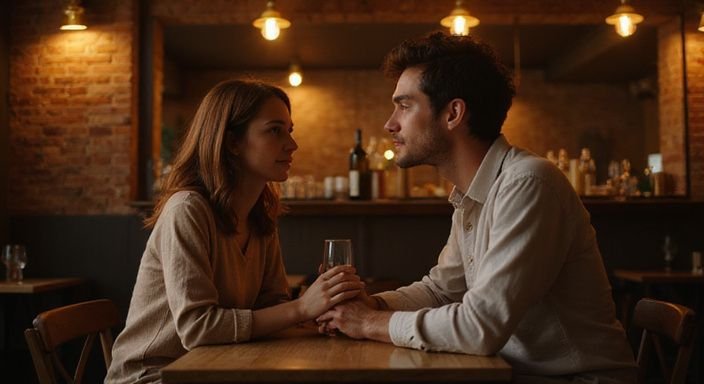 Een stel geniet van een intieme dinerervaring aan een houten tafel.