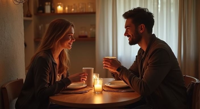 Twee mensen genieten van een intieme ontmoeting aan een tafel.