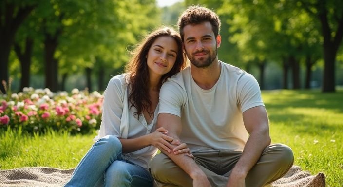 Een vrouw en man genieten samen van een ontspannen moment in het park.