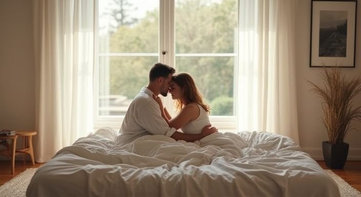 Een koppel omarmt elkaar liefdevol op een bed in een gezellige slaapkamer.