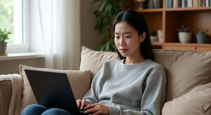 Een vrouw in een grijs sweater zit verdiept in haar laptop