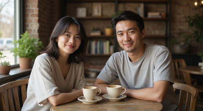 Een vrouw en man genietend van elkaars gezelschap in een café.
