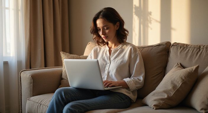 Een vrouw in de dertig zit ontspannen op een bank met een laptop en zoekt naar Aziatische vrouwen dating Vlaanderen.