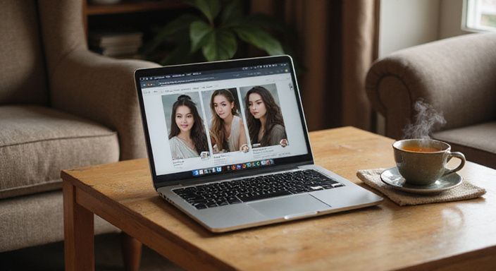 Een open laptop met een dating-app voor Aziatische vrouwen dating Vlaanderenop een houten tafel.